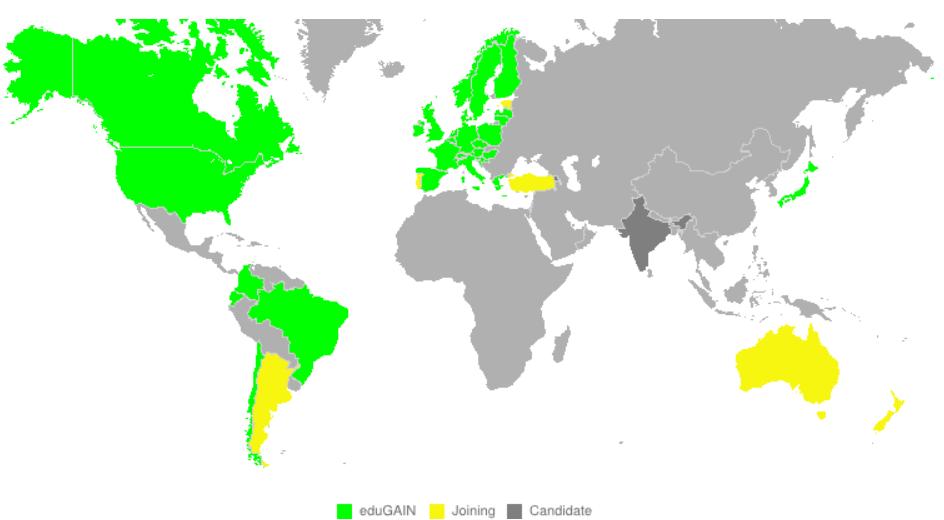 The map below shows edugain global membership status countries whose identity managers have federated using edugain: See more information about edugain and its use cases at http://services.geant.