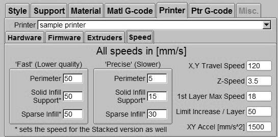 Software KISSlicer Guide 9 KISSlicer - Printer / Hardware / Firmware / Speed settings Printer menu / Speed - To set how fast your printer will printing ArrayZ C4C-3Dprinter can print fast as 100mm/s
