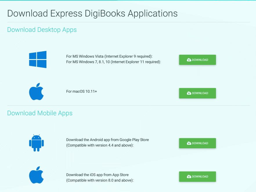 Download Apps The page provides the Express Digibooks platform apps that are compatible with MS Windows Vista+,