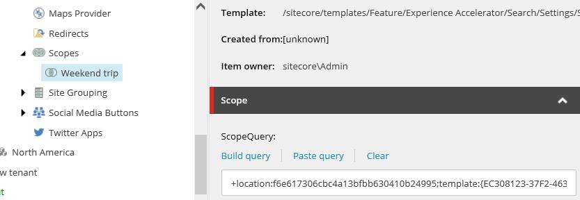 Search scopes are stored in: /sitecore/content/tenant GROUP_NAME/TENANT_NAME/SITE_NAME/Settings/Scopes/ For a new scope, you build a search query that enables you to add several conditions.