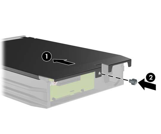 8. Place the thermal sensor on top of the hard drive in a position that does not cover the label (1) and attach the thermal sensor to the top of the hard drive with the adhesive strip (2).