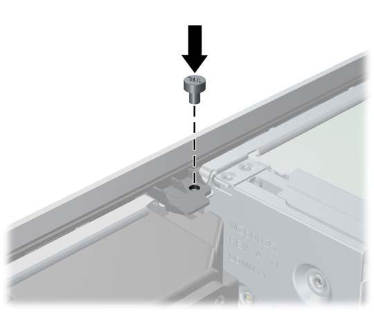 Install the security screw next to the middle front bezel release tab to secure the front bezel in place.