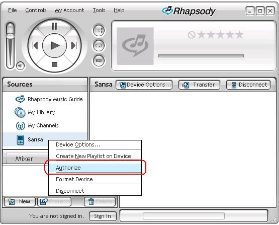 4. Select Authorize Adding Rhapsody Channels to my Sansa Player To add your Rhapsody Channels onto the Sansa player, follow these steps: 1.