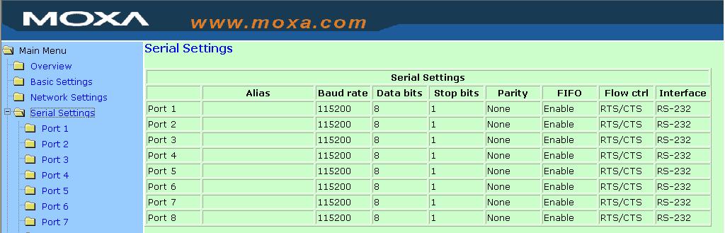 General Settings Serial Settings Serial Settings is where you set the serial communication parameters for each device port, such as baudrate, parity, and flow control.