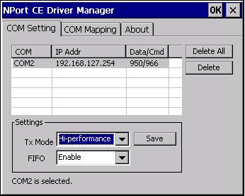 NPort CE Driver Manager for Windows CE To configure the settings for a particular COM Port, select the row of the desired port, and then modify the setting in the Settings panel, as shown below.