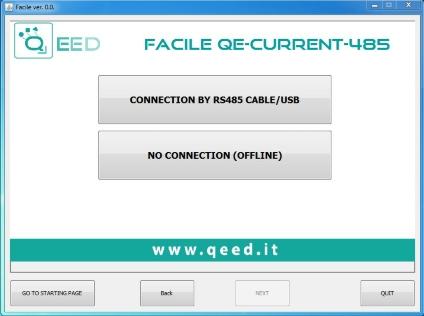 And it s possible to communicate with the QE-CURRENT- 485 in real time by clicking on "CONNECTION BY CABLE RS485/USB" or OFFLINE mode by clicking on "NO CONNECTION (OFFLINE)".