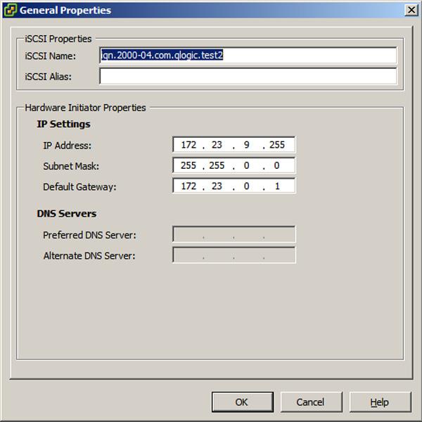 8. (Optional) Enter an iscsi Name and iscsi Alias. 9. Enter a static IP address under Hardware Initiator Properties.