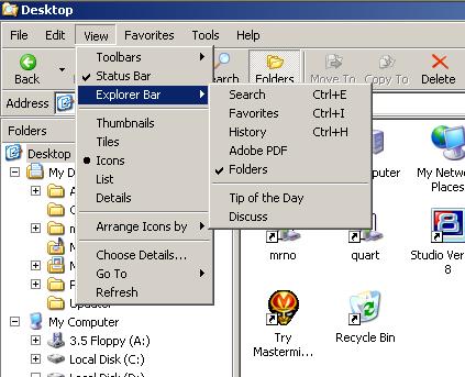 Windows Explorer (My Computer, My Documents) Polje Folders pojavljuje se uključivanjem View Explorer Bar Folders ili