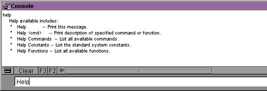 To get help about console commands, type the Help command in the Command text box. A description of how to use the Help command appears in the message area.