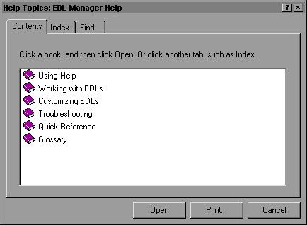 APPENDIX D Using Help Help is available for tasks, windows, and dialog boxes through the Avid EDL Manager Help system.