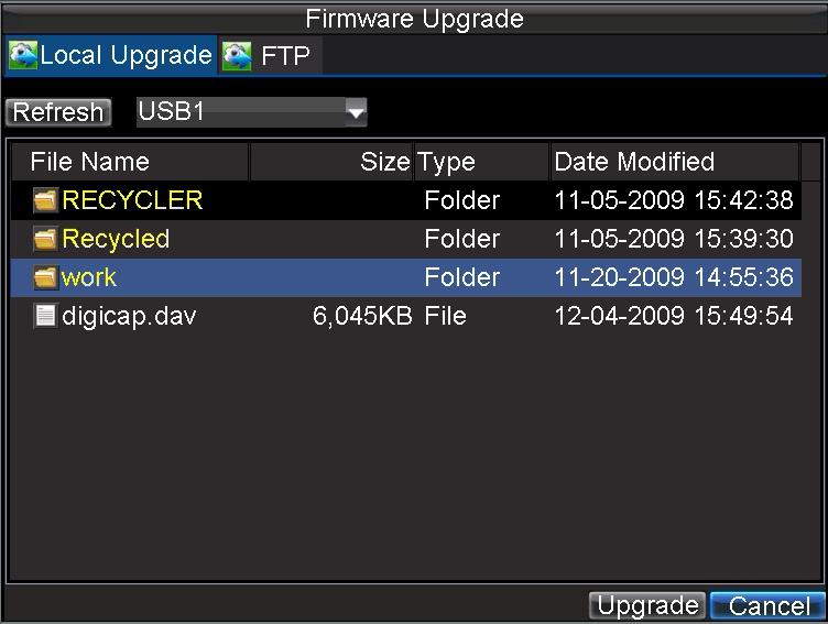 Figure 12. Firmware Update Menu 3. Select the Local Upgrade tab. 4. Select the firmware on the USB device. 5. Select Upgrade to begin the update process. 6.