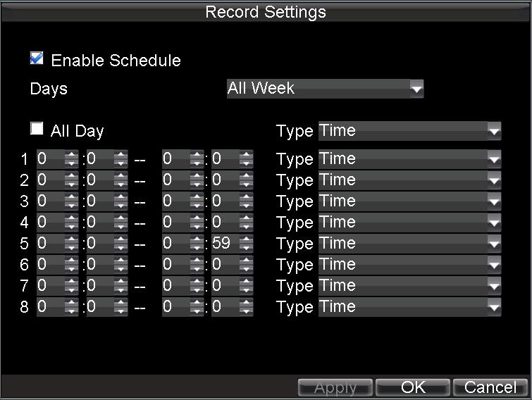 and make it record continuously all day. Figure 8. Edit Schedule Settings 14. Click the OK button.