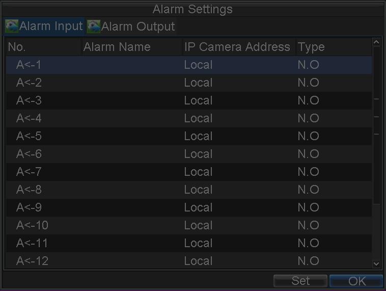 Figure 8. Alarm Management Menu 2. Select the Alarm Input No. and click the Set button to enter the Alarm Input Settings menu, shown in Figure 9.