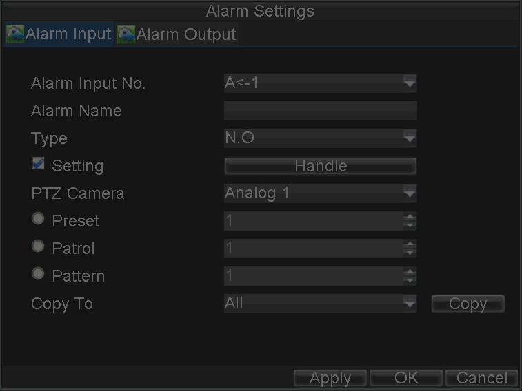 Check the checkbox next to Setting and click the Handle button to enter the Alarm Input Handle menu. 5. Select the Triggered Camera tab. 6.