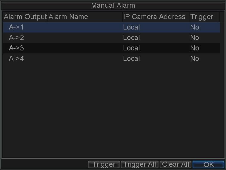 To trigger alarm outputs manually: 1. Click Menu > Manual Alarm to enter the Manual Alarm menu (Figure 13). Figure 13. Manual Alarm Menu 2.