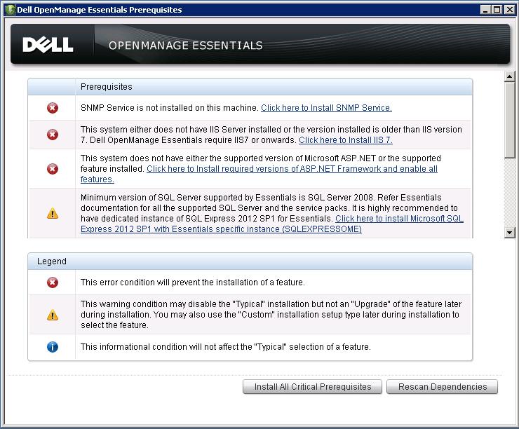 Figure 3. Dell OpenManage Essentials prerequisites.