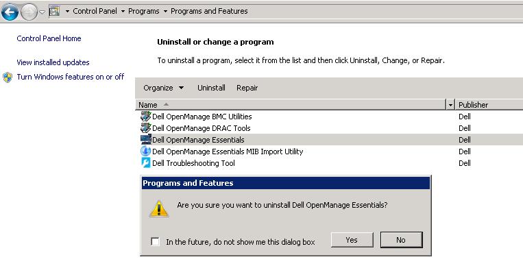 Uninstalling Use this procedure to uninstall OpenManage Essentials: 1. Navigate to Control Panel Programs Programs and Features and select Dell OpenManage Essentials. 2. Click Uninstall. Figure 11.