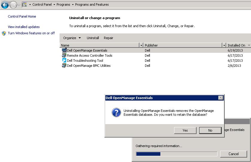 You must first uninstall Dell SupportAssist and Dell MIB Import Utility to uninstall OME. Note: Uninstalling OpenManage Essentials does not remove the Troubleshooting Tool.
