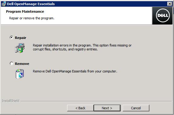 Repair (Program Maintenance) You can repair OpenManage Essentials by going to the Program maintenance window.