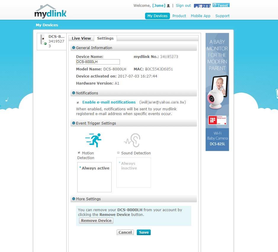 Step 3: Check the Enable e-mail notifications box to allow notifications can be sent to your mydlink registered e-mail address.