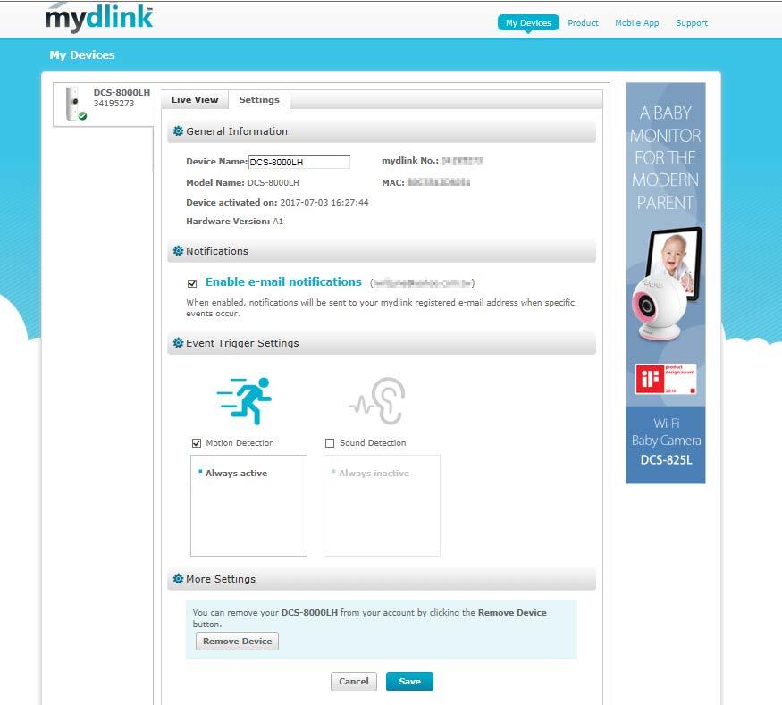 Step 6: Check the Enable e-mail notifications box to allow notifications be sent to your mydlink