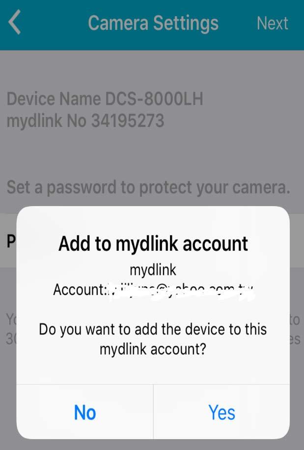 Step 8: Tap YES to add the device to your mydlink account.