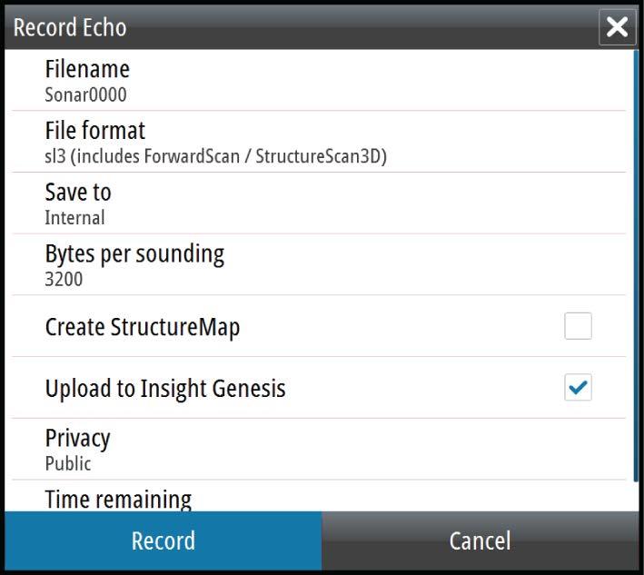 When the data is being recorded, there is a flashing red symbol in the top left corner and a message appears periodically at the bottom of the screen. Filename Specify the name of the recording (log).