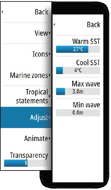 Adjusting color codes You can define the sea surface temperature range and wave height color coding.