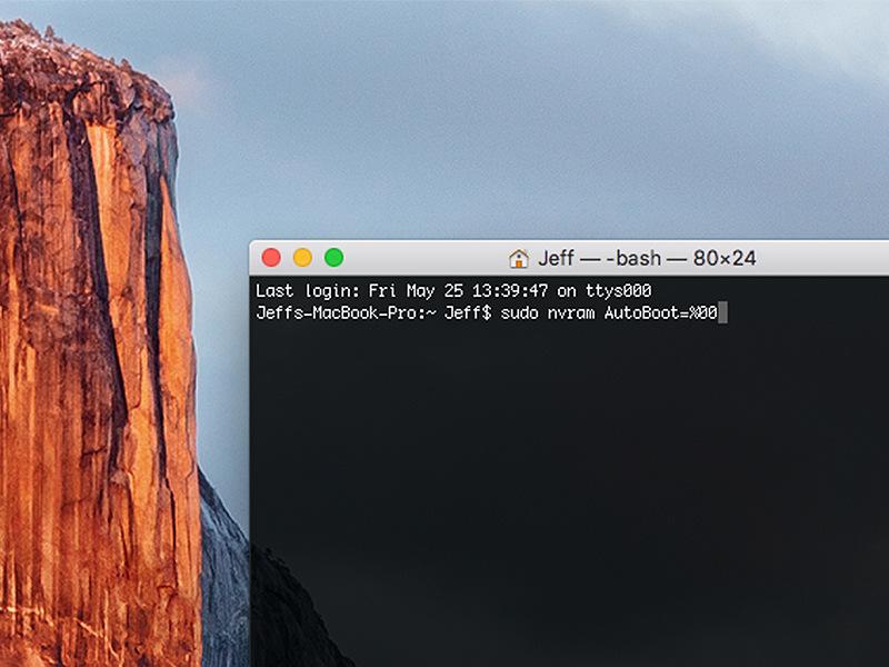Power on your Mac and launch Terminal. Copy and paste the following command (or type it exactly) into Terminal: sudo nvram AutoBoot=%00 Press [return].