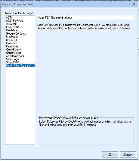 QuoteWerks Configuration Contact Manager Setup In this step you instruct QuoteWerks to use the Pulseway PSA Contact Manager when selecting the contact for a quotation. 1.