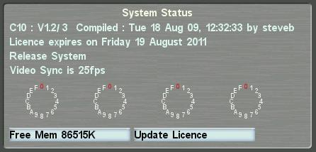 The lowest line of text confirms the video sync standard that is currently connected to the processor. In the lower half of the panel, the settings of rotary bit switches on the CPU card are shown.