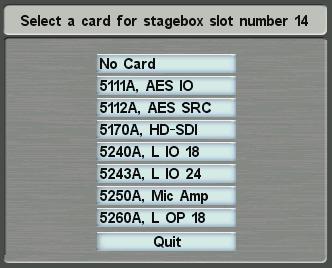 Route Menu DHD Stagebox Configuration Stabbing the Config button below a DHD SB link in the Link Use display brings up a DHD Stagebox Configuration display, provideing a diagrammatic layout of cards