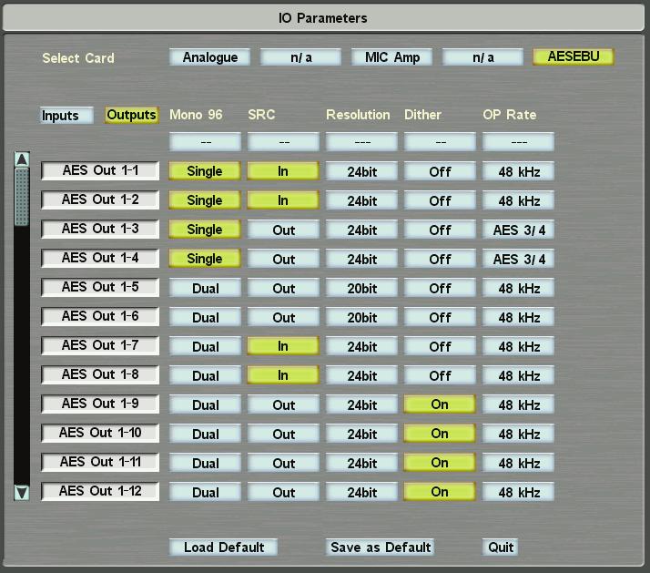 Route Menu AESEBU Output Parameters: Mono 96 SRC Resolution Dither OP Rate determines how 96kHz outputs are derived.
