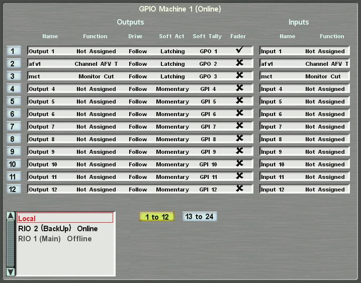 Config Menu GPIO There are 12 local GPI ports, in addition to those present in any RIO connected to the console (RIOs have 24 GPI ports), providing opto-isolated inputs and relay closure outputs for