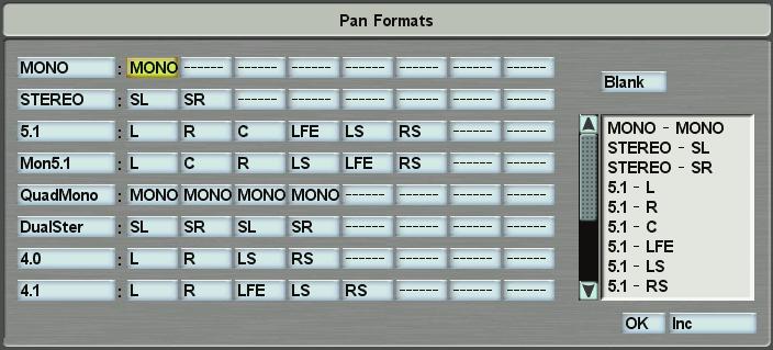 Config Menu Pan Formats In addition to Mono, Stereo and 5.