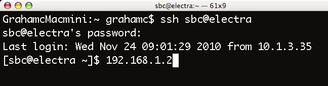 2.168.1.2 <CR> Where: ssh is the command for a secure shell connection. 192.168.1.2 is the IP address of the computer when shipped from the factory and <CR> indicates the Return key on the computer keyboard.