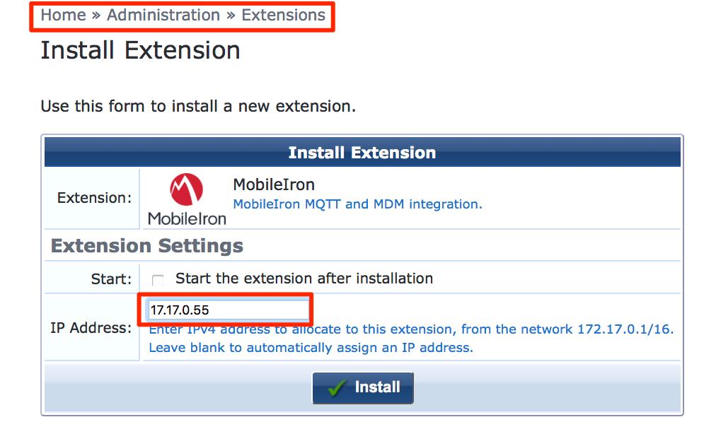 Figure 9: GUI Extension Configuration at Install time After the Extension has been installed, if the option to automatically start was not selected,