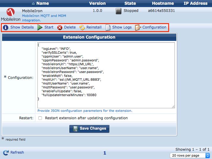 Figure 10: GUI Reviewing and Setting the Extension configuration A copy of the default MobileIron Extension is shown above, this will