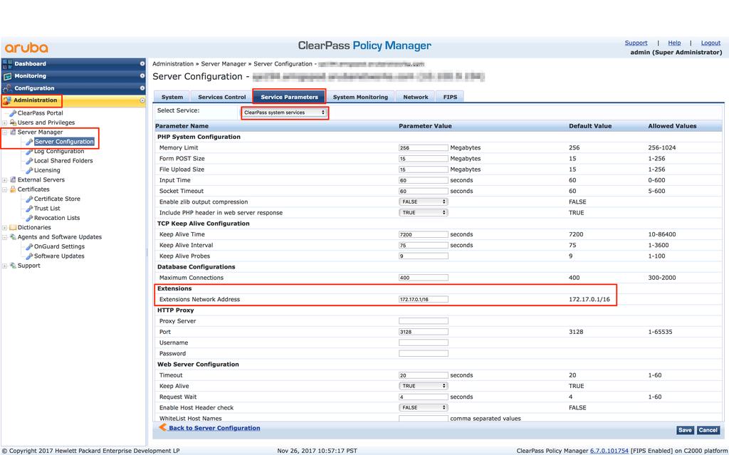 Figure 4: Extension Framework GUI Configuring the base Extension IP subnet, is defined within Policy Manager as shown below under Administration -> Server Manager -> Server Configuration [chose your