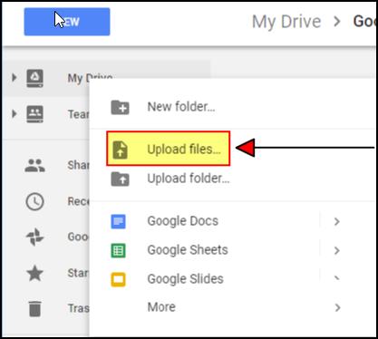 Upload an Existing Document to Google You may wish to bring an existing document, such as a Word Document, into your Google drive in order to share with other Google Drive members. 1.