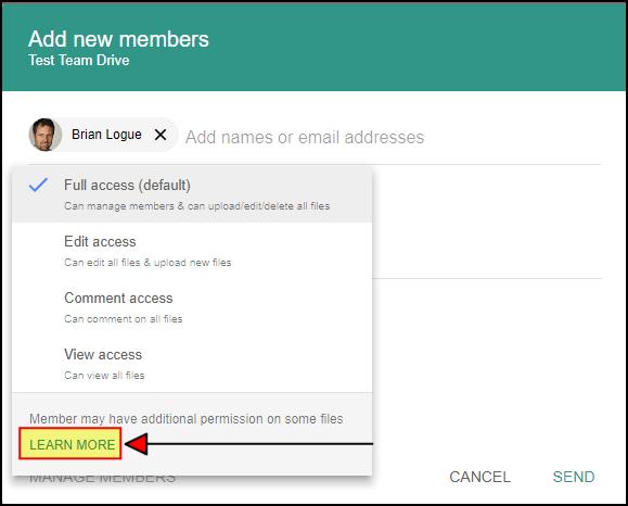 Add Members and Files to a Team Drive 1. Select the hyperlink under Add Members. 2. Click on Add names or email addresses and add users to be able to access files on this drive. 3.
