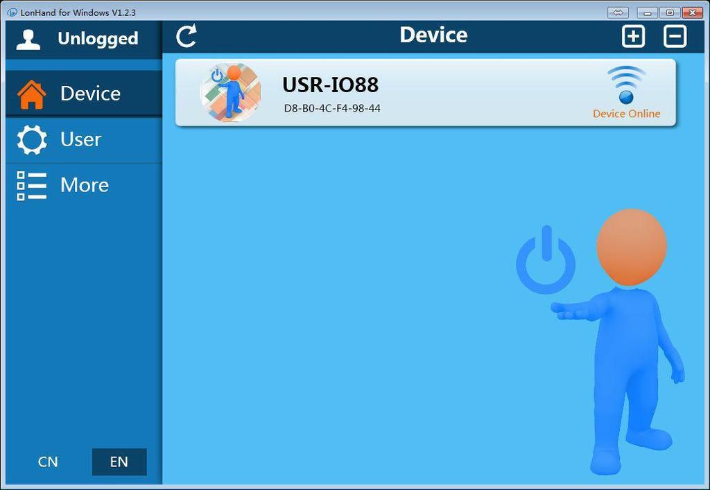 1.3 USR-IO88 Quick start 1.3.1 WIFI control The default factory Setting of USR - IO88 is AP mode,use the computer wireless network card or mobile phone to search WIFI, you can find wireless device,