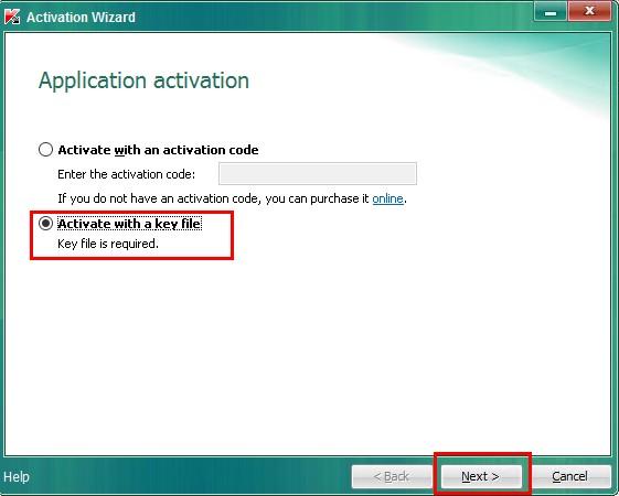 8. Select Activate with a key file.