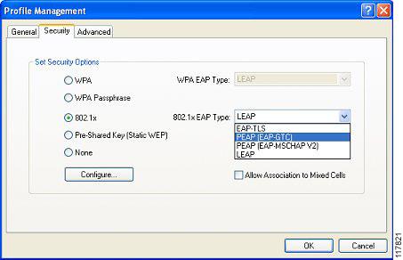 1x EAP Type using the drop-down arrow. The ADU provides the capability to configure profiles that support Cisco PEAP (EAP-GTC) or Microsoft PEAP (EAP-MSCHAP v2).
