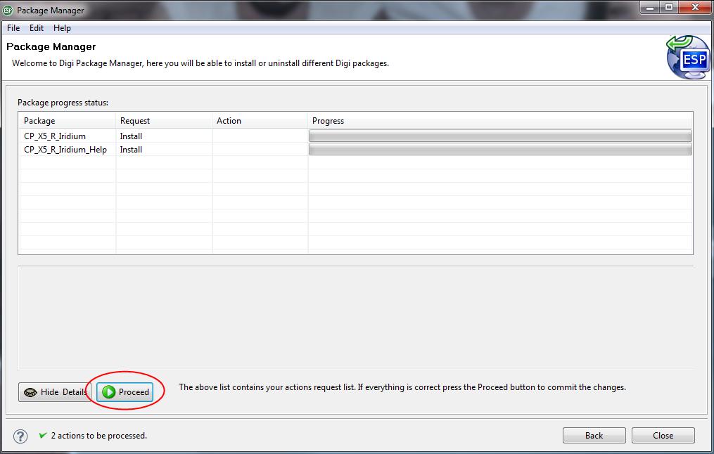 7. Verify that all packages to be installed are displayed in the installation panel, then click the Proceed button.