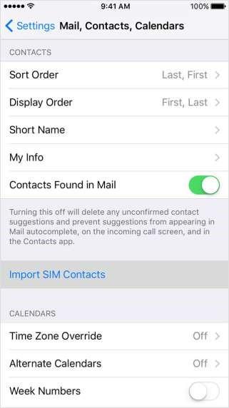 2. Tap Settings > Mail, Contacts, Calendars > Import SIM Contacts (see right) 3. Wait for the import to complete. 4.