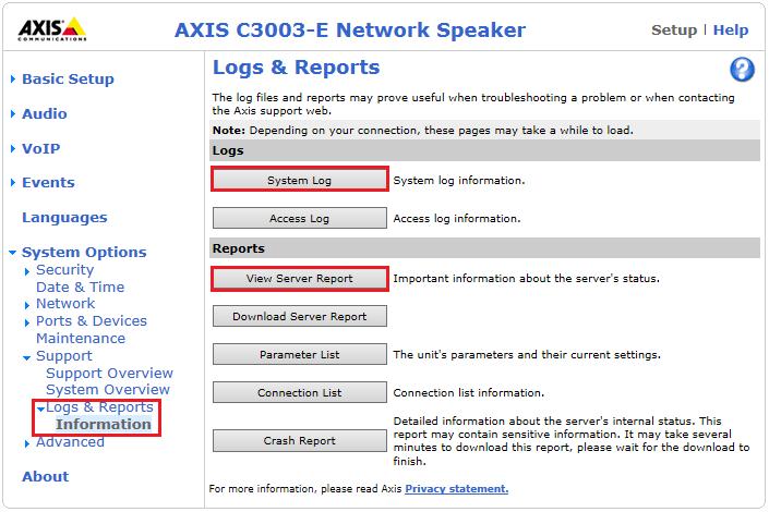 If there is an issue with a call to the Axis speaker then there are logs that can be accessed that may show some further information on where the issue may lie.