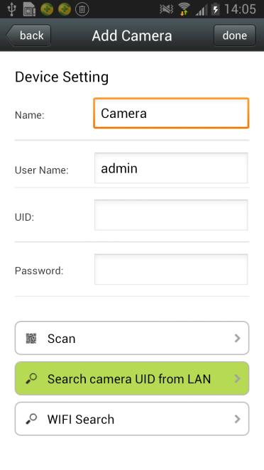 Search: click LAN Search button, search the network camera in the mobile phone wireless network; Select the UID 2.
