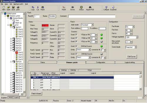 Dimmer Monitor Software A PC, Windows based software program for remote monitoring; configuration setting, online status feedback, errors handling, remote testing of every rack / slot or dimmer,