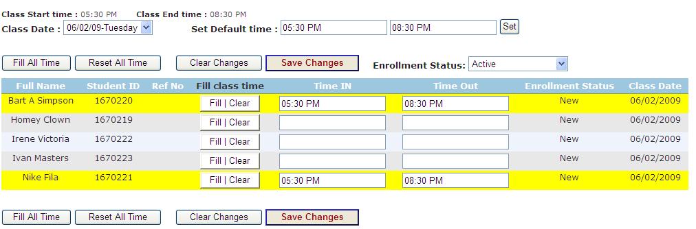 Enter attendance for specific students. The default setting displays all active students only; it does not show students who have been graded or dropped.